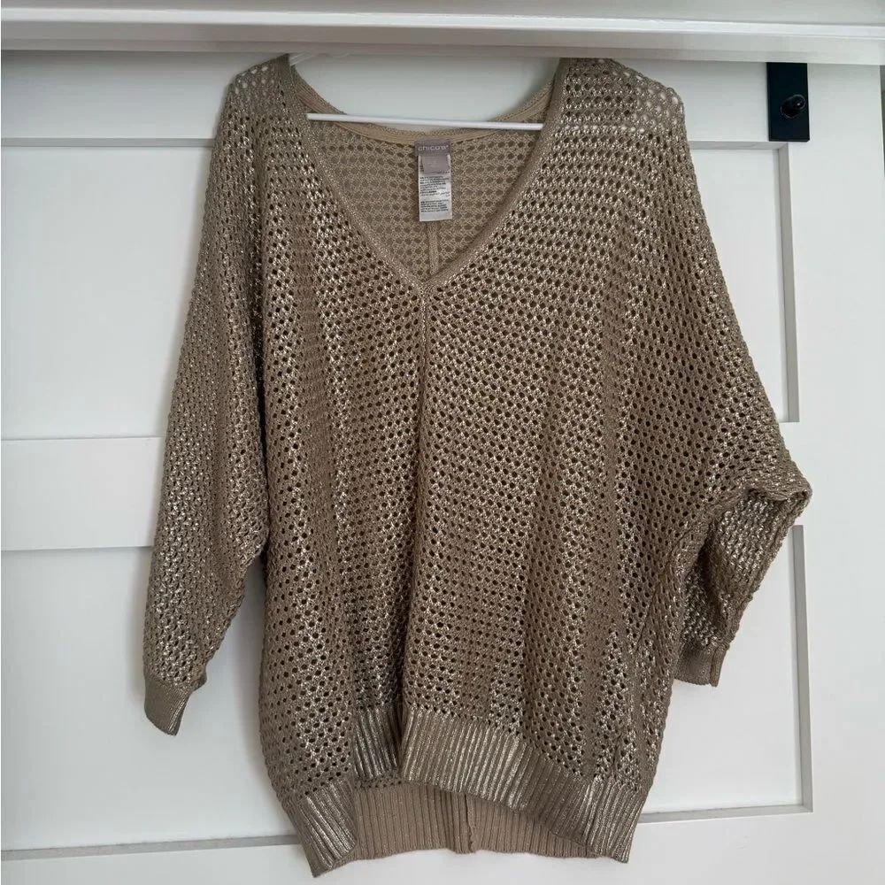 Chicos Open-Weave V-Neck Sweater in Taupe sparkle tan